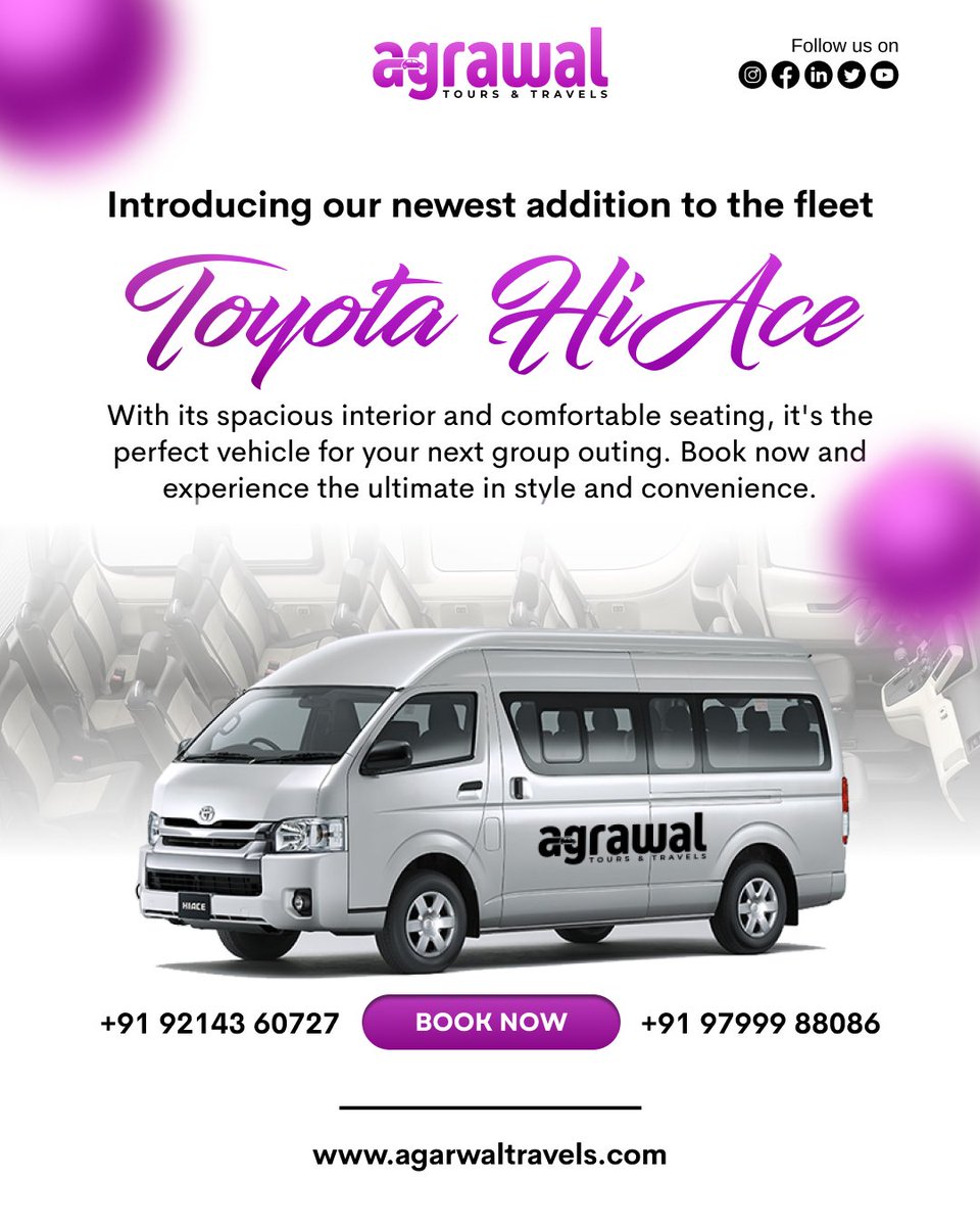 📣 Introducing our newest addition to the fleet - the Toyota HiAce! 🚐 With its spacious interior and comfortable seating, it's the perfect vehicle for your next group outing. Book now and experience the ultimate in style and convenience. 🌟

#ToyotaHiAce #GroupTravel