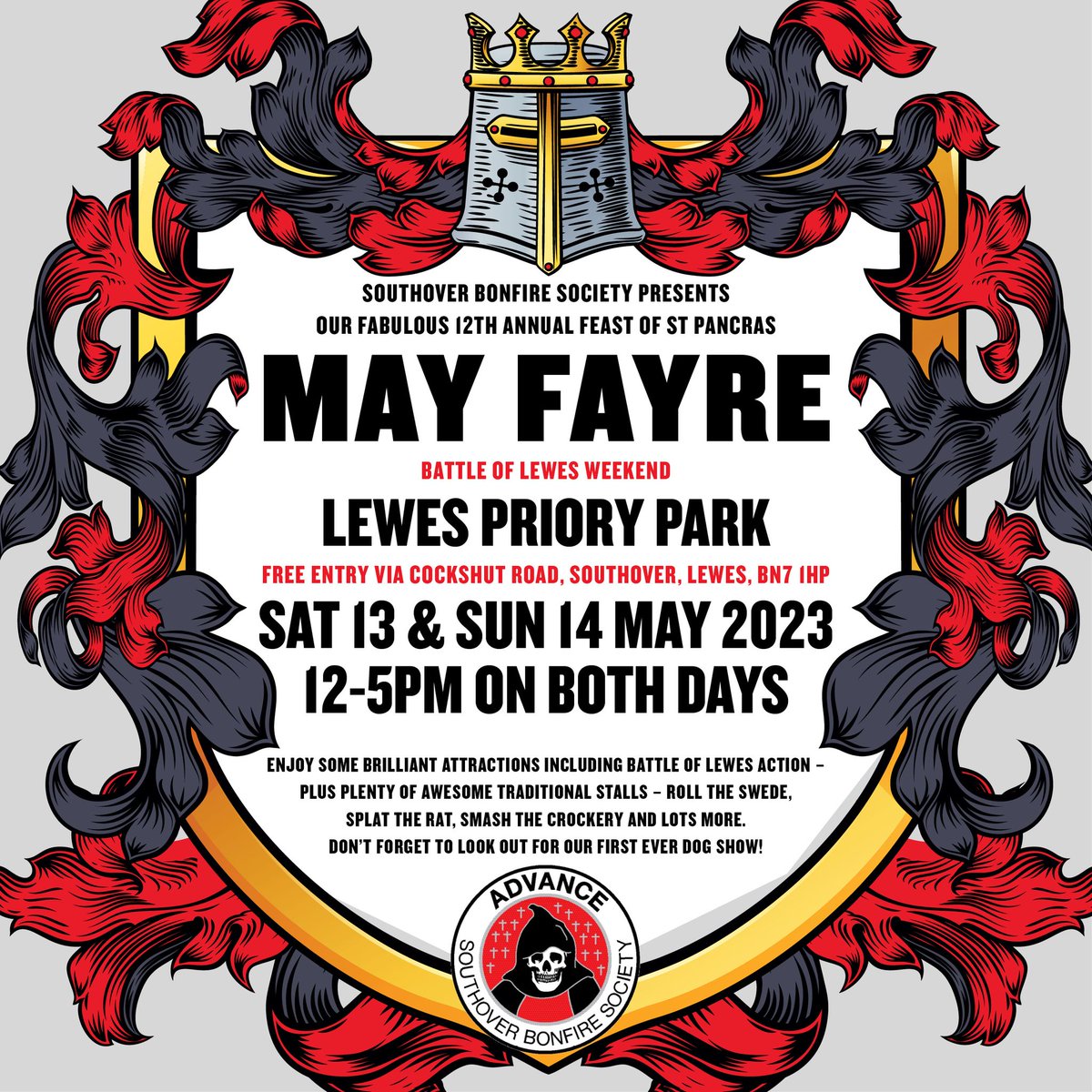 Putting final flourishes to our 12th Feast of St Pancras May Fayre, including practising our swede rolling and prepping for two pooch shows! Join us tomorrow and Sunday at Lewes Priory Park. Free entry. More deets here: tinyurl.com/5xuuyj46

#Lewes #SBSMayFayre #battleoflewes