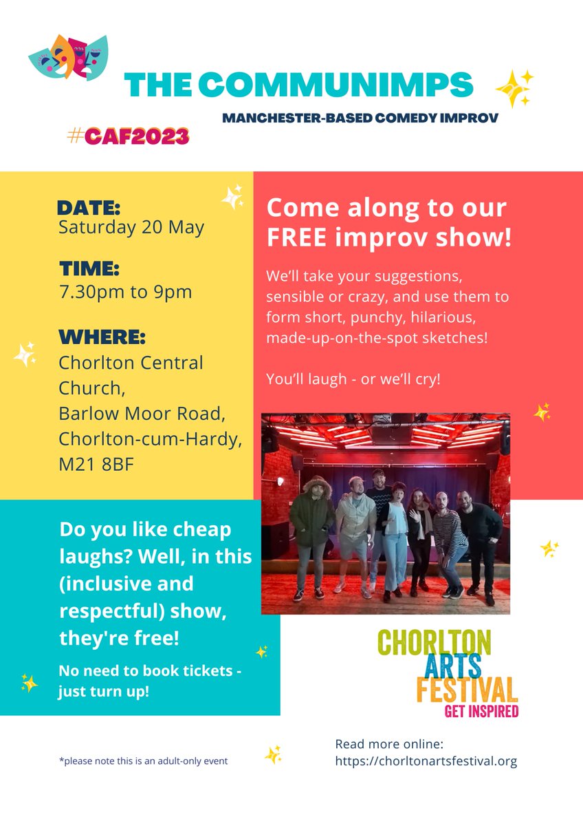 chorltonarts's tweet photo. Programmes for #CAF2023 in #Chorlton going thick and fast. If you like improvised theatre, be sure to catch the #Communimps  @ChorltonCentral on Sat 20th May 19:30.
Pick up a programme from us outside the Precinct on Sat 13th 10am onwards https://t.co/D4049gtj28