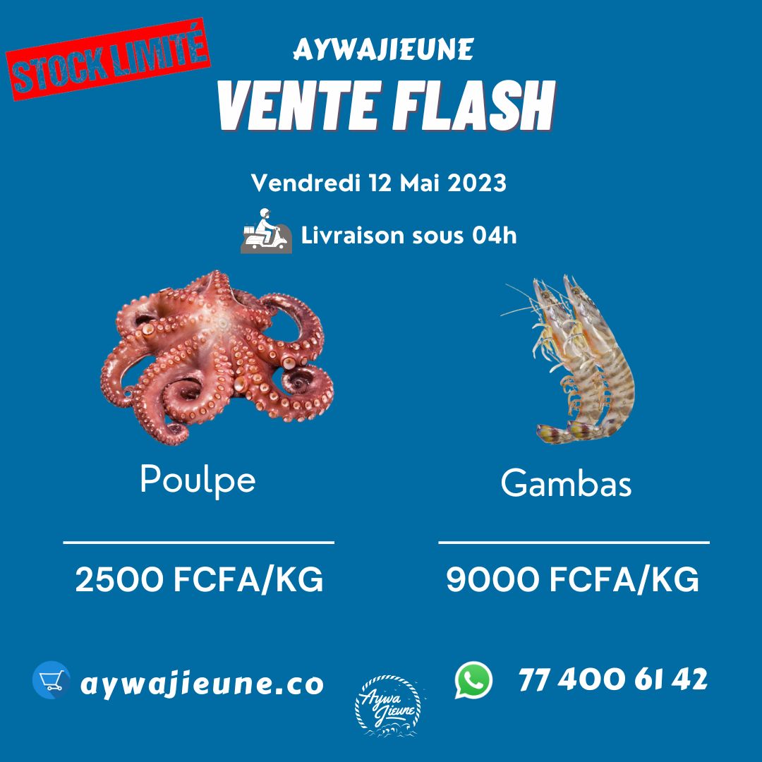 Savourez une explosion de saveurs marines avec notre sélection du jour.
Que vous les préfériez grillés, poêlés ou en salade, nos #poulpes &amp; #gambas sauront vous satisfaire avec leur chair tendre et savoureuse.
Commandez dès maintenant sur le 774006142
#promotion  #seafoodmarket
