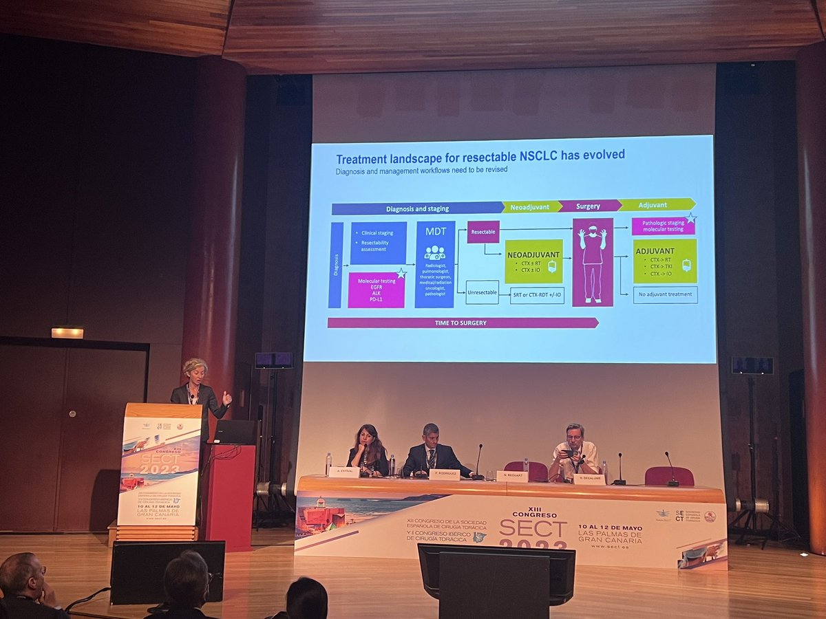Dra_BelloIrene's tweet photo. Induction immunotherapy in #NSCLC session, new target of patients for surgery? @NReguart and @hdecaluwe give us lights and shadows #sect2023 @SECTtoracica https://t.co/bhjUHsbVqu