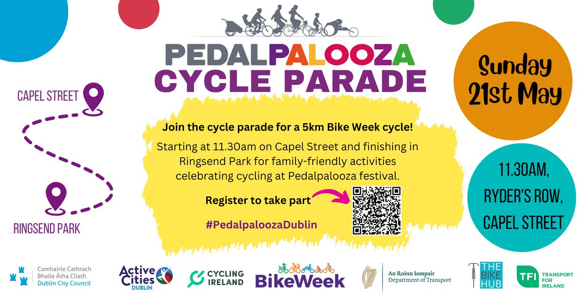 We’re looking forward to the Pedalpalooza cycle parade on Sunday 21st May! Join us for a 5km family-friendly cycle with lots of music along the way!

Sign up to join the parade at pedalpaloozacycleparade.eventbrite.ie 

#bikeweek #PedalpaloozaDublin #cycledublin #activecitiesdublin