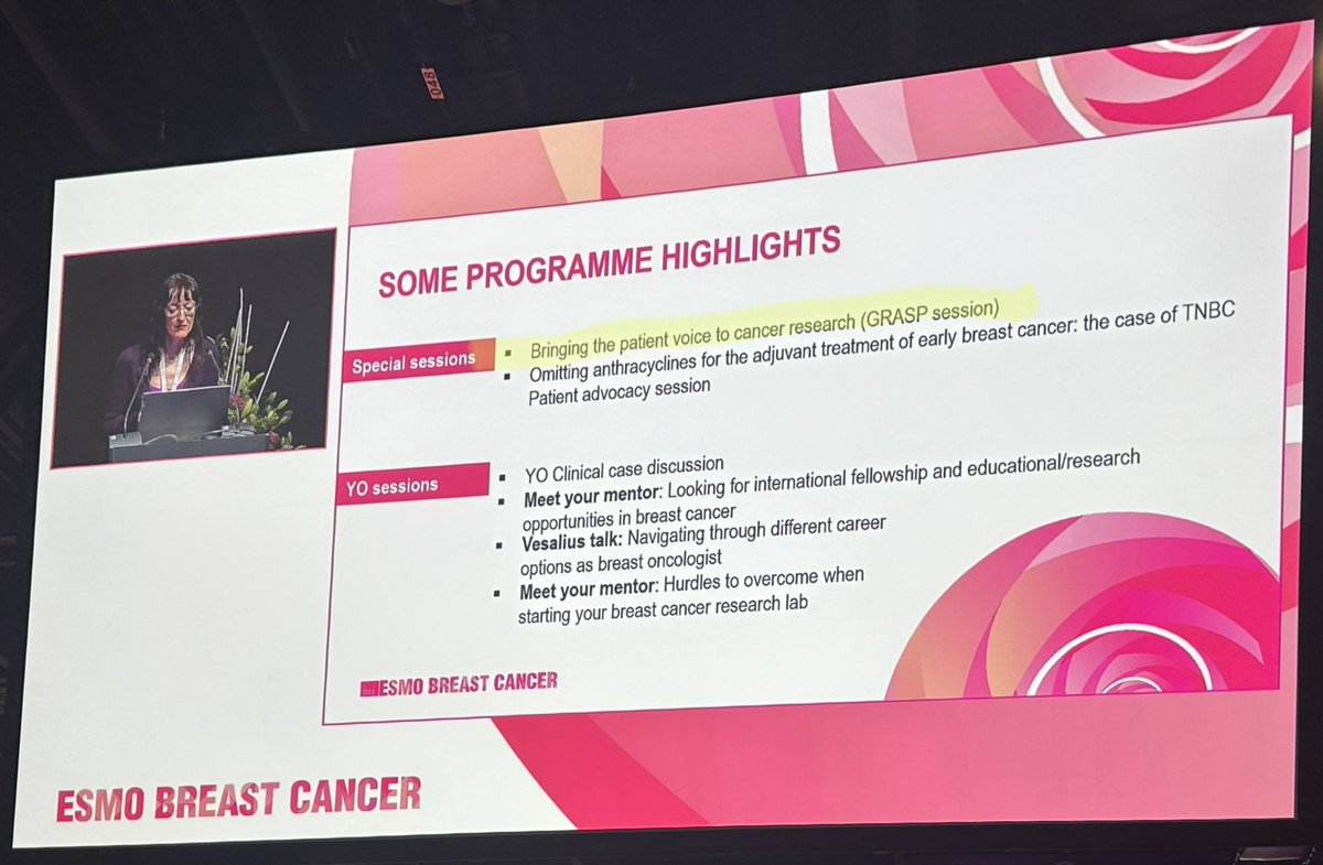 Don’t miss the GRASP-led session “Bringing the Patient Voice to Cancer Research” at #ESMOBreast23 today at 14:45 CET/8:45am ET.

A “programme highlight”, said Dr. Suzette Delaloge at the opening session!

Speakers: @itsnot_pink @christeeny513 @oesterreichs @prat_aleix @rolmosbv