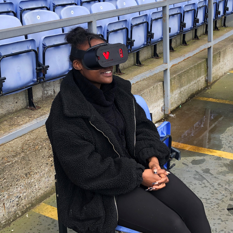 CPFC's tweet photo. We're conducting a trial with a number of supporters who have visual impairments, trialing new technology that helps enhance their sight and their matchday experience, during Saturday’s ‘Palace for All’ matchday against Bournemouth ❤️💙

#CPFC