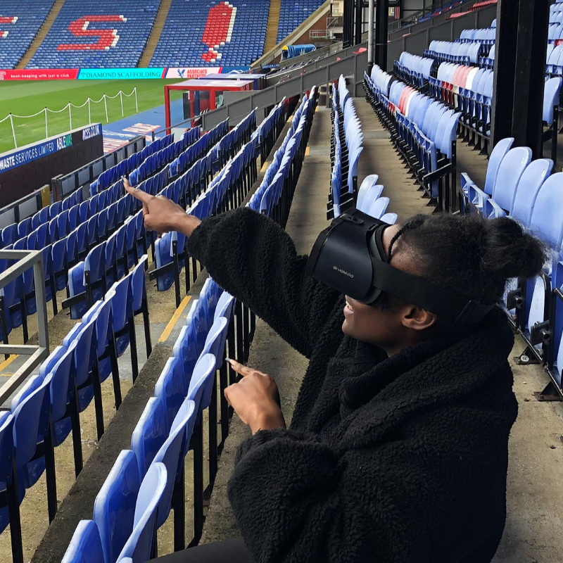 CPFC's tweet photo. We're conducting a trial with a number of supporters who have visual impairments, trialing new technology that helps enhance their sight and their matchday experience, during Saturday’s ‘Palace for All’ matchday against Bournemouth ❤️💙

#CPFC