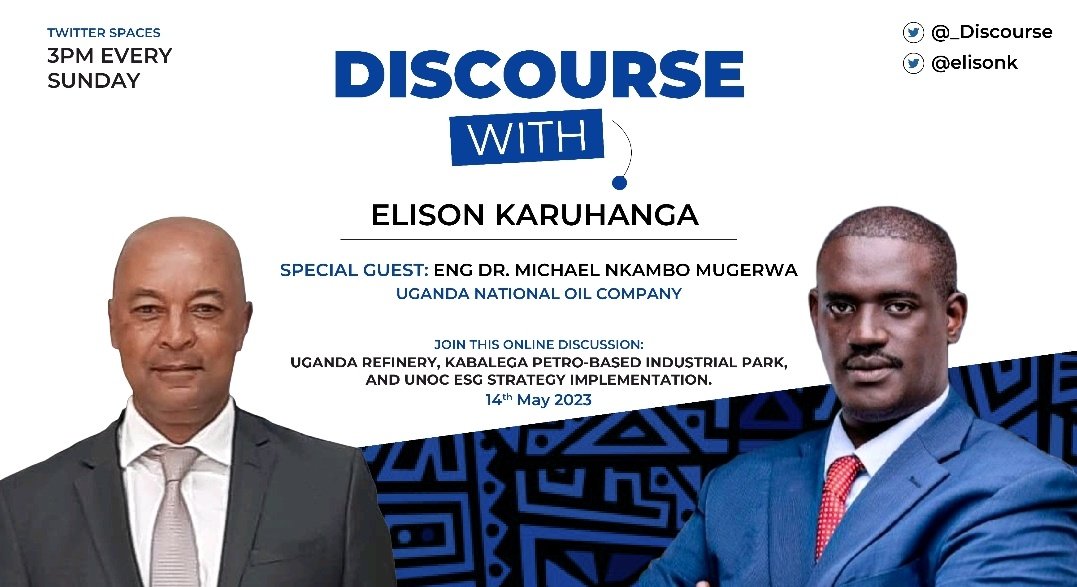 Discourse Africa (@_discourse) on Twitter photo ๐ข Join us on Sunday, May 14th 2023, at 3pm - <a href="/elisonk/">Elison Karuhanga</a> will interview <a href="/mmugerwa/">Musa Mugerwa</a>, GM of Uganda Refinery Holding Co. They will be discussing the Uganda Refinery, Kabalega Petro-based Industrial Park, and UNOC ESG Strategy Implementation. Don't miss out on this Discourse! ๐ข Join us on Sunday, May 14th 2023, at 3pm - <a href="/elisonk/">Elison Karuhanga</a> will interview <a href="/mmugerwa/">Musa Mugerwa</a>, GM of Uganda Refinery Holding Co. They will be discussing the Uganda Refinery, Kabalega Petro-based Industrial Park, and UNOC ESG Strategy Implementation. Don't miss out on this Discourse!