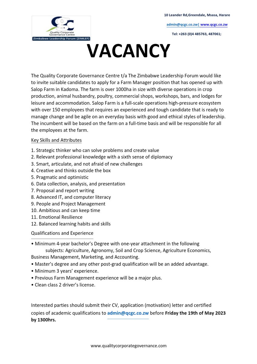 WE ARE HIRING 📢📢📢
We are looking for a Farm Manager to join our dedicated team!
Please share with all those that may be interested.
#QCGC #hiring #jobvacancy #zimbabwebusiness #ZIMBABWEJOBS #jobseekers