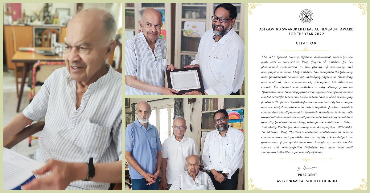 NCRA_Outreach's tweet photo. The ASI Govind Swarup Lifetime Achievement Award 2022 was handed over to Prof. Jayant Vishnu Narlikar by the ASI President, Prof. Dipankar Banerjee, yesterday. The award was announced during the 41st meeting of the ASI earlier this year. Details here: https://t.co/G2pxqvdUJO. https://t.co/y8Xufcuk7U