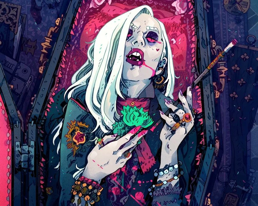 gshowitt's tweet image. The year is 1943. You are a crack squad of vampire commandos with a single mission: drink all of Hitler's blood.

EAT THE REICH (words by me, art by @chamonkee) is a new TTRPG coming to Kickstarter soon - links below.