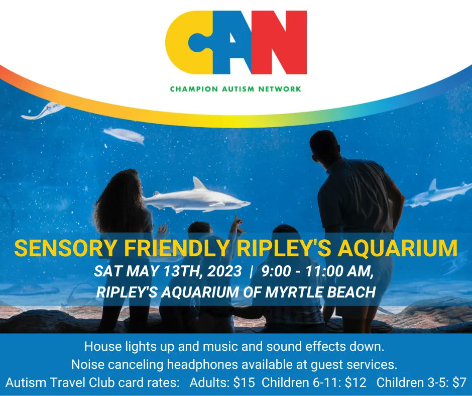 Tomorrow #ComePlayWithUs® at our Sensory Friendly event at Ripley's Aquarium in Myrtle Beach. Check the event page for details! buff.ly/3MmnU7s
#YesYouCAN® #ChampionAutismNetwork #AutismAcceptance #AutismAwareness #SensoryFriendly #Autism #AutismCommunity #AutismFamily