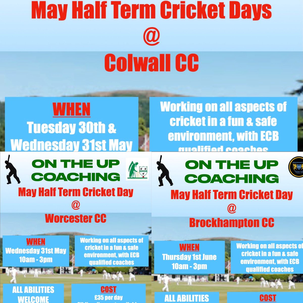 OntheUpCricket's tweet photo. May half term not too far away. 

Coaching Cricket Days filling up nicely. Only 3 weeks to go.

To book on either day please visit;
@colwallcc 30th and 31st May
@worcester_cc 31st May
@brockhamptoncricket 1st June

https://t.co/jmtJcNxlCT https://t.co/fw67Y9bAzk