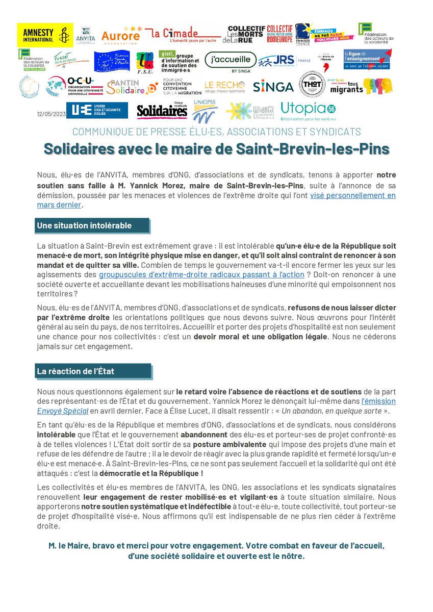 AnvitaFr's tweet photo. 📣 #CP L' @AnvitaFr fait partie des 3️⃣0️⃣orga signataires " Solidaires avec le maire de Saint-Brevin-les-Pins"

🌍 Élu·es, asso &amp; syndicats affirment que "nous ne cèderons jamais" sur l'engagement moral et légal d'accueillir. L'État doit réagir à la hauteur face à l'extrême droite https://t.co/lfvB7dKcyz