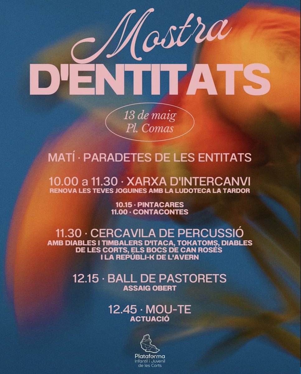 💫Demà ens veiem a la Plaça Comas per gaudir d’un matí de mostra d’entitats cortsenques!

🥁Amb tabalada de <a href="/DiablesLesCorts/">Diables de les Corts</a>, <a href="/LaRpk/">Repúbli-k de l'Avern</a>, <a href="/elsbocs/">Bocs de Can Rosés</a>, <a href="/DiablesItaca/">Diablesses i Timbaleres d’Itaca 🔥🥁</a> i <a href="/tokatoms_bcn/">Tokatoms_bcn</a>!

❤️‍🔥Us hi esperem!!