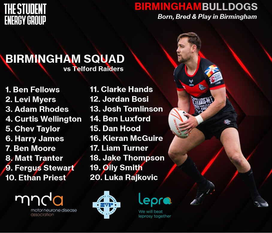Birmingham name our 20 man squad to travel to <a href="/telfordraiders/">TELFORD RAIDERS RLFC</a> in Round 2 of the Midlands Premier League this Saturday. <a href="/Forty20magazine/">Forty20</a> <a href="/bbcwmsport/">Sport</a> <a href="/rloutsiders/">Rugby League Outsiders</a> <a href="/birmingham_live/">Birmingham Live</a> #rugbyleague #bornbredplay