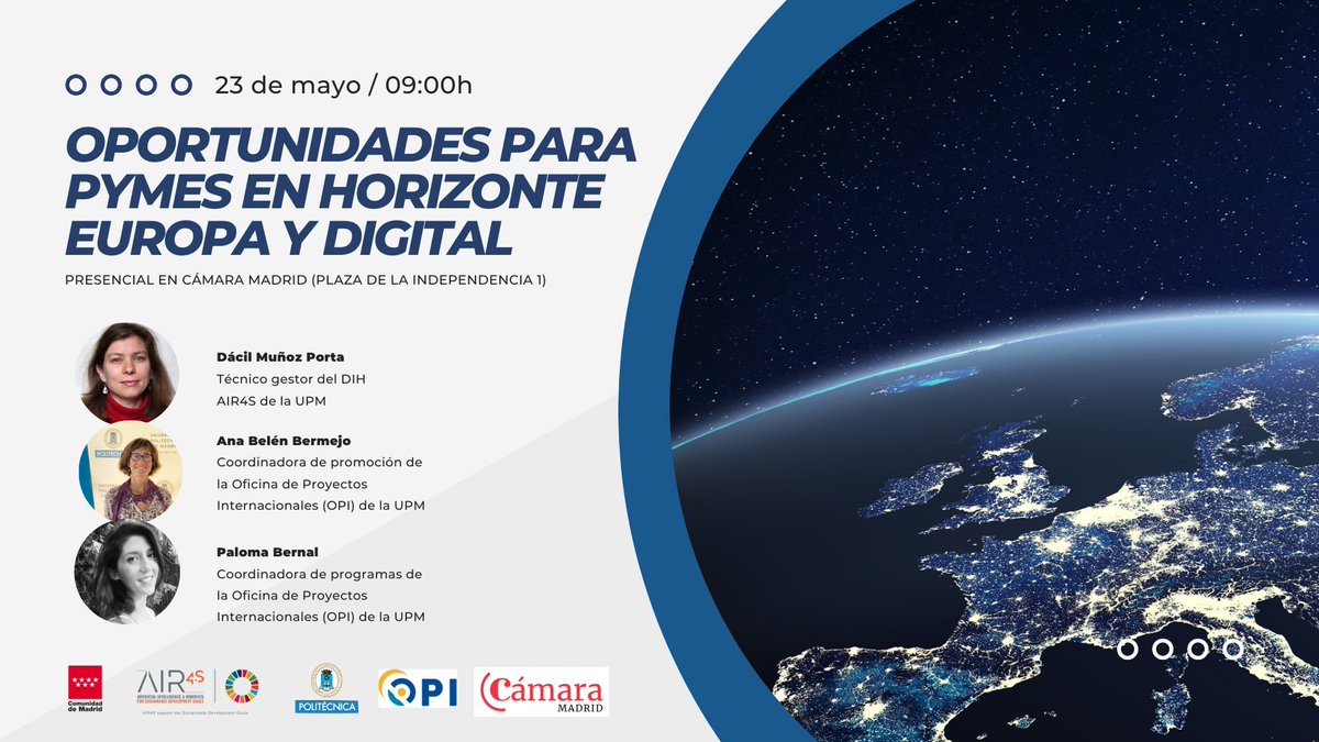 🗣️¿Tienes una #PYME y quieres conocer las oportunidades que ofrece #HorizonteEuropa?🌍👨‍💼 

➡️No te pierdas las ponencias el 23 de mayo en <a href="/CamaradeMadrid/">Cámara de Madrid</a> 🏦. ¡Haz crecer tu negocio!

📝Apúntate: bit.ly/42vQTe4