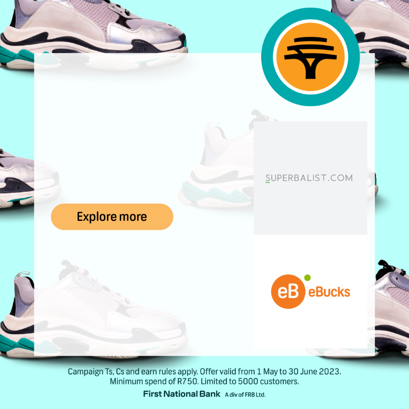 FNBSA's tweet photo. Step up your sneaker game at @Superbalist 🙌👟 Get 25% off all sneakers when you claim your promo code on the FNB App. Whether you're looking for the perfect pair of kicks for the gym or something stylish to complete your outfit, we've got you covered. #eBucks #Superbalist