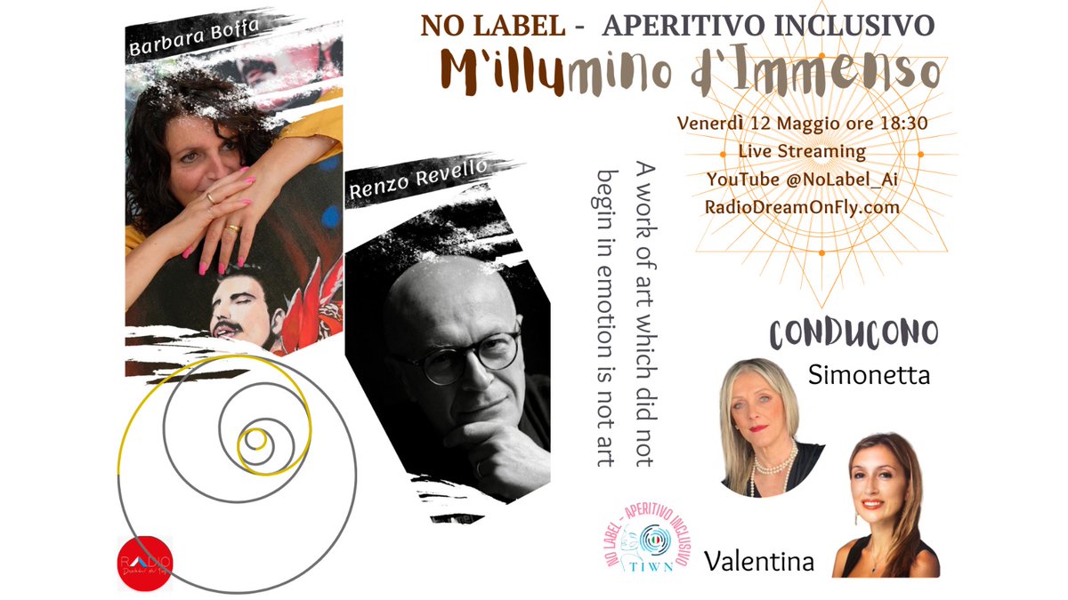 RenzoRevello's tweet image. 🕡🕡🕡
Alle 18,30 su #Youtube per #nolabel #aperitivo inclusivo, con Simonetta Gedda e Barbara Boffa: #arte, #musica e #costume

⬇️⬇️⬇️

youtube.com/live/eXUd0nes4…