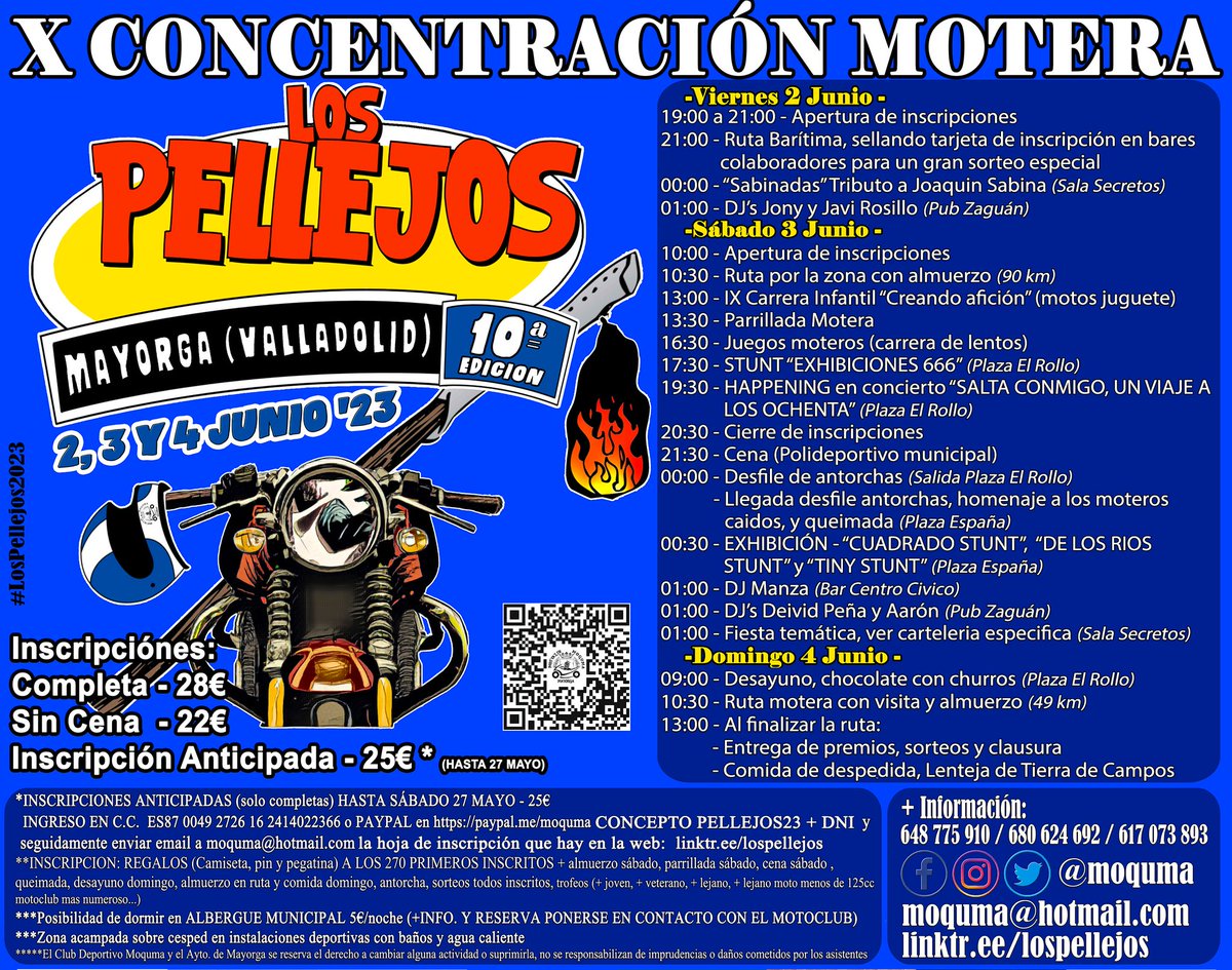 ⚠️Amantes de las motos⚠️
Los días 2,3 y 4 de junio Mayorga vuelve a rugir con la X CONCENTRACIÓN MOTERA "LOS PELLEJOS"🏍
Reservad la cita que han preparado con tanto mimo desde <a href="/moquma/">Motoclub Moquma</a> con una completa programación llena de actividades.
¡No os lo podéis perder! 🙌