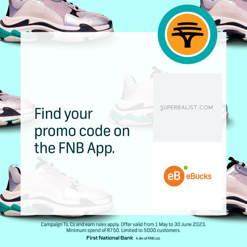 FNBSA's tweet photo. Step up your sneaker game at @Superbalist 🙌👟 Get 25% off all sneakers when you claim your promo code on the FNB App. Whether you're looking for the perfect pair of kicks for the gym or something stylish to complete your outfit, we've got you covered. #eBucks #Superbalist