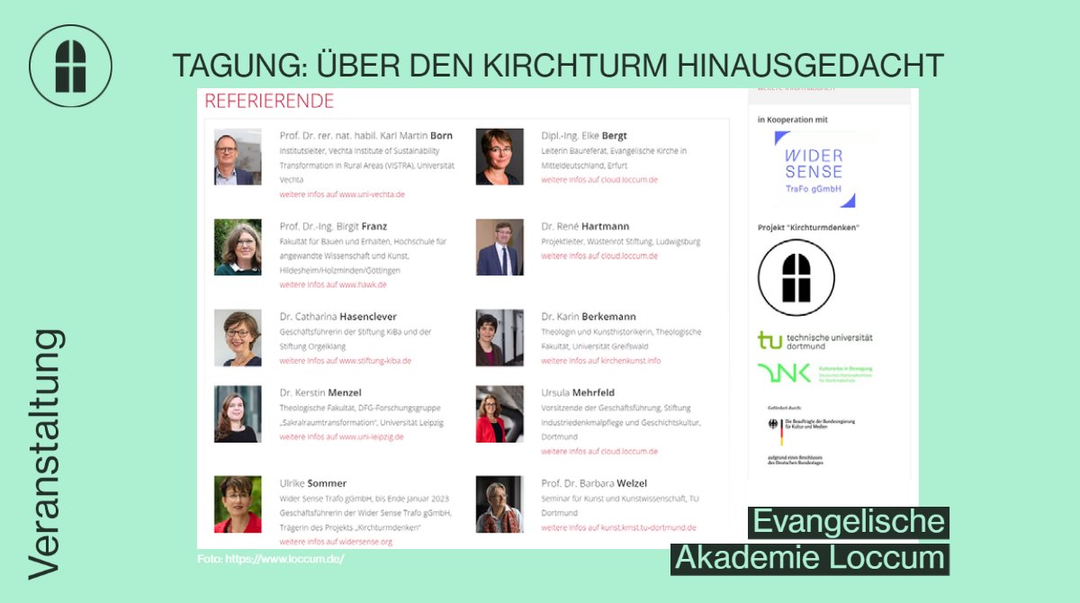 REMINDER: #Tagung der <a href="/EA_Loccum/">Evangelische Akademie Loccum</a> vom 15.05.23 - 17.05.23. Nimmt an der Diskussion über Sakralbauten als „Dritte Orte“ mit folgenden Referent*innen sowie Akteur*innen aus 12 geförderten #Kirchturmdenken Projekten teil. Anmeldung zur Präsenz-Veranstaltung ➡️ loccum.de/tagungen/2321/