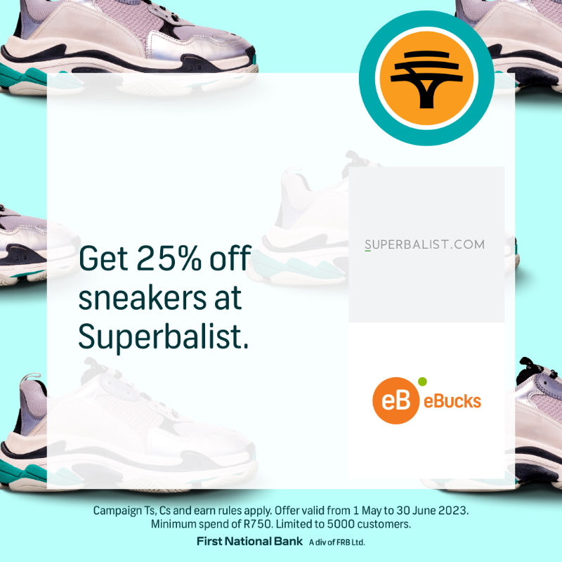 FNBSA's tweet photo. Step up your sneaker game at @Superbalist 🙌👟 Get 25% off all sneakers when you claim your promo code on the FNB App. Whether you're looking for the perfect pair of kicks for the gym or something stylish to complete your outfit, we've got you covered. #eBucks #Superbalist