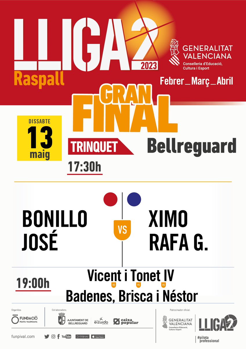 funpival's tweet photo. 📺 Partida en directe per televisió @apunt_media Dissabte 13 Maig

🏆 Final Lliga 2 de #raspall

📌 Trinquet @ZurdoPilota @AjBellreguard 
⏰ 17:30h

🔴 Bonillo i José 
🔵 Ximo i Rafa Giner

#pilotaprofessional #lliga2 https://t.co/H23nlNKEAN