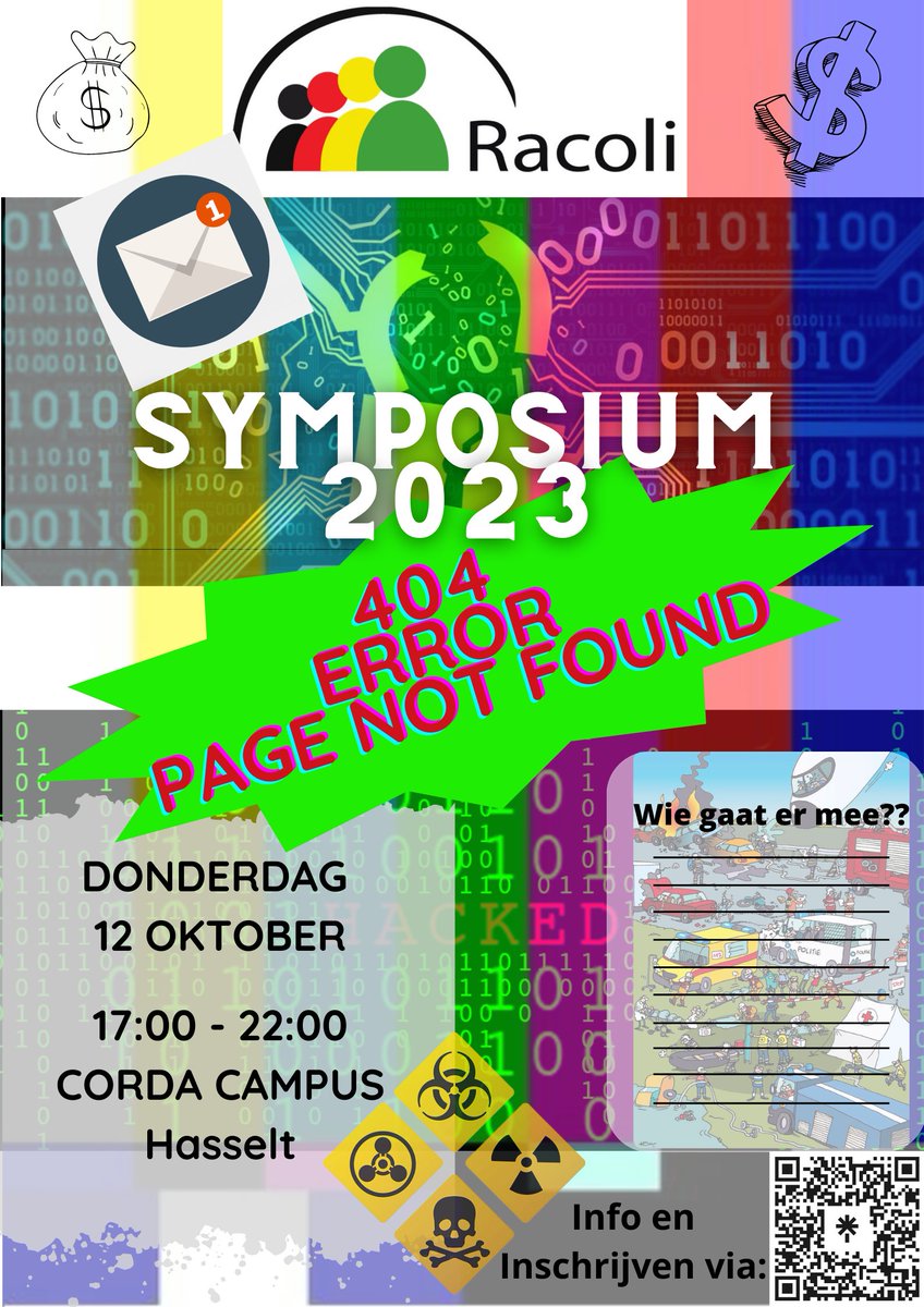 Met trots stellen wij ons Symposium 2023 voor: "404 error page not found"!!

--> 12 oktober 2023 17u - 22u
--> Corda Campus Hasselt 
--> Walking dinner inbegrepen
--> info en inschrijvingen via racoli.be

#noodplanning #Spoedgevallen #brandweer #politie #ziekenwagen