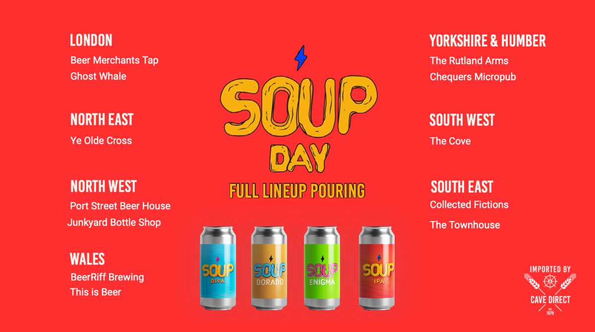 It’s #SOUPDAY

Soup Day started last year to celebrate <a href="/GarageBeerCo/">garage beer co.</a>’s legendary IPA &amp; this year we’ve brought it to the UK!👇 

12 venues pouring the full lineup &amp; 36+ with one or more in the fridges! 🍻 

🗺️ Find your nearest soup spot on this map: garagebeer.co/soup-day-23/