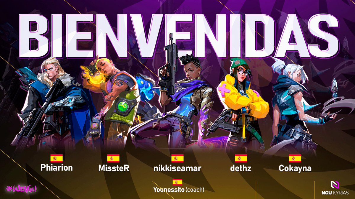 ANUNCIO OFICIAL | #VALORANT

Después del apoyo que recibimos en el anuncio del roster masculino os presentamos algo que no se queda corto

Os presentamos a las cinco guerreras que nos van a representar este tercer split bajo el nombre de NGU Kyrias.

🗡️| <a href="/lunasanguineo/">❄️Kayna❄️</a> 
🏹|