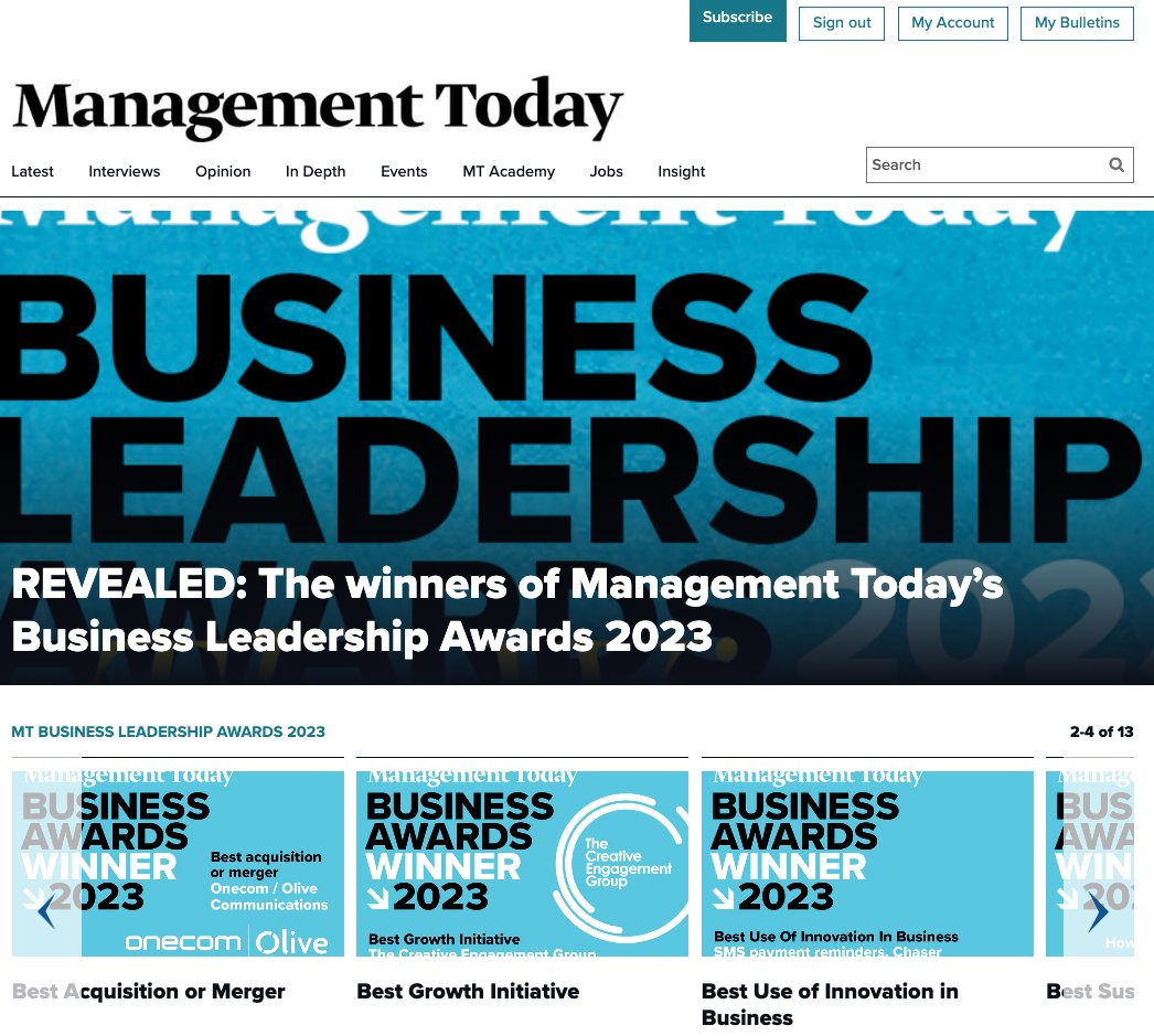 Chaser_Amaya's tweet photo. Amazing to finish Accountex and see Chaser on the Management Today home page 📰👀

Thank you @MT_editorial for recognising @chaser_hq for the Best use of innovation in business award 🏆 https://t.co/zGsIxKD8sO