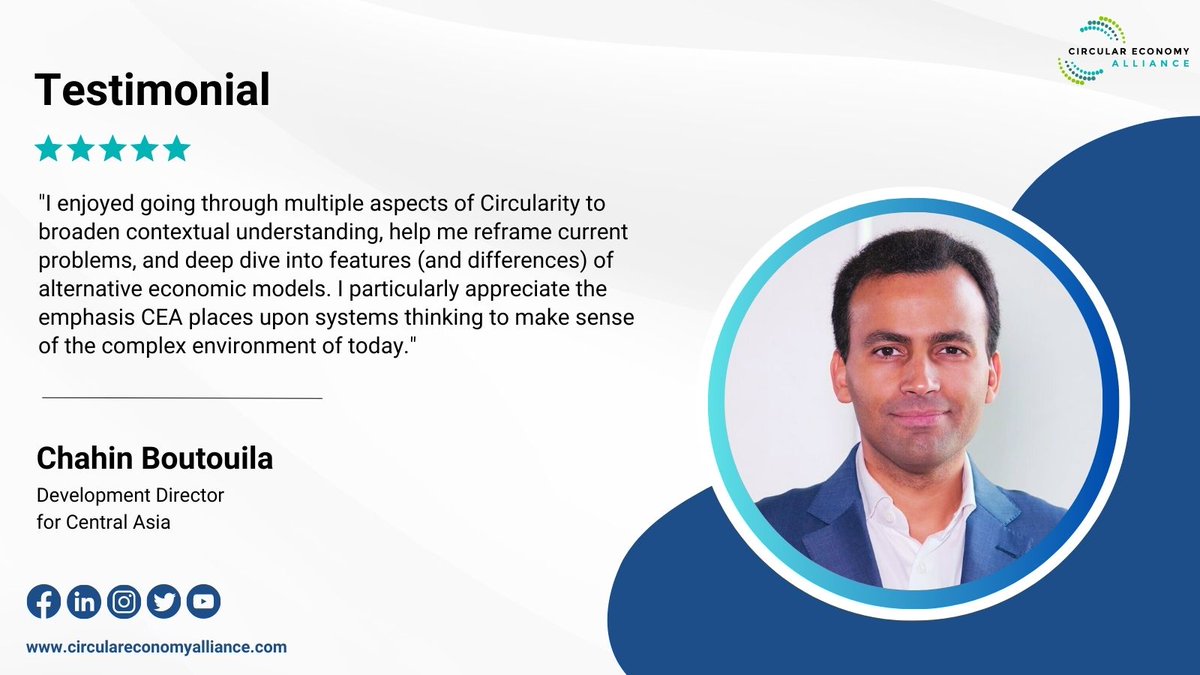 We're thrilled to share this glowing #testimonial from one of our #CircularEconomySpecialist (High-Mastery) learners, Chahine Boutouila! 
If you're interested in becoming a #CircularEconomySpecialist, register now circulareconomyalliance.com/product/circul…