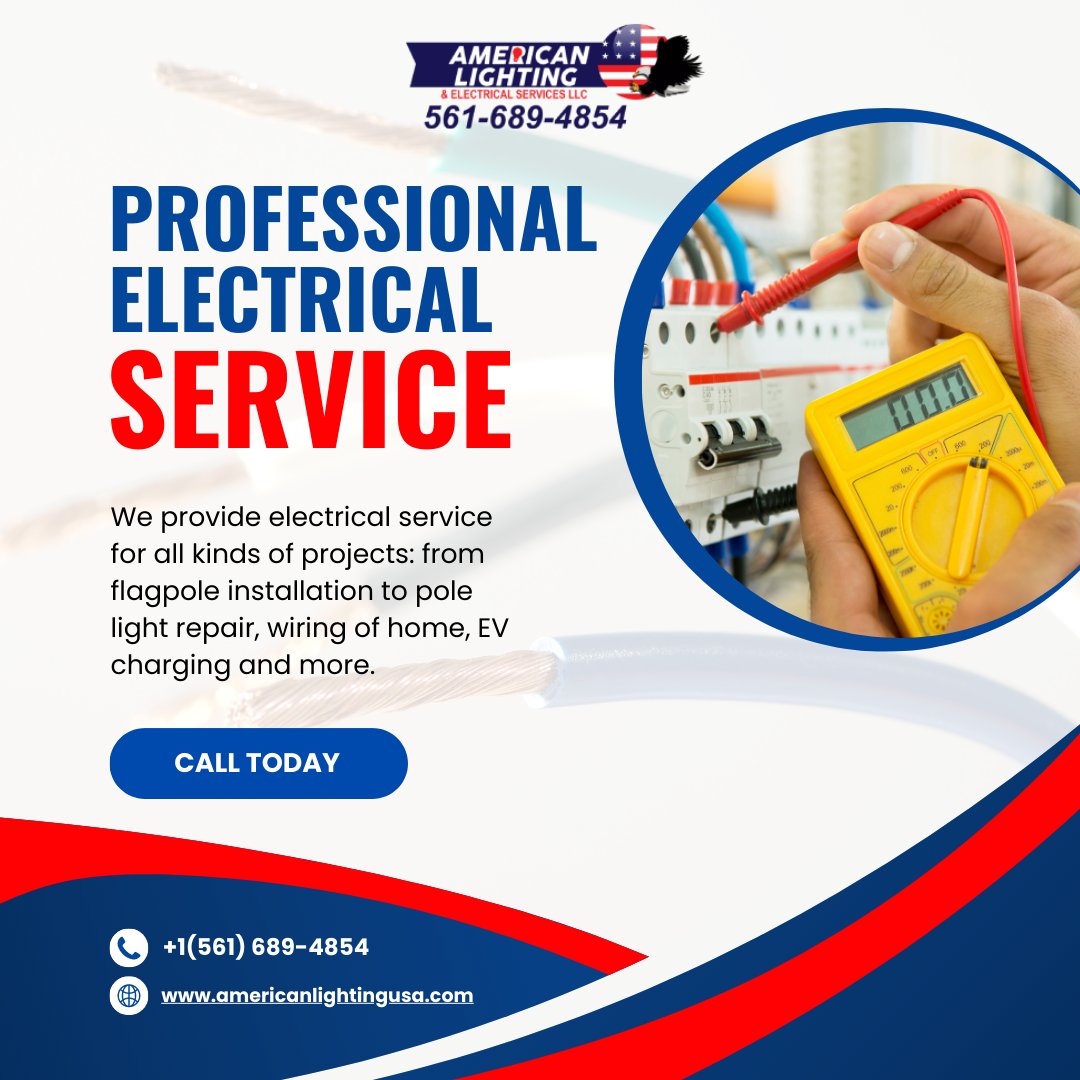 americanlighti1's tweet image. We offer electrical services for both commercial and residential projects, including flagpole installation, pole light repair, home wiring, and EV charging. Contact us at 561-689-4854 to learn more.americanlightingusa.com

#electriccontractor #electrician #bestelectrician
