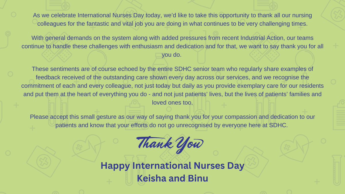 To finish off the celebrations, we hear from Keisha Antonopoulos, Director of Multiprofessional Leadership and Binu Cheridan, Chief Operating Officer.

We would like to wish all SDHC nurses a Happy International Nurses Day! Thank you for all your hard work &amp; dedication #NursesDay