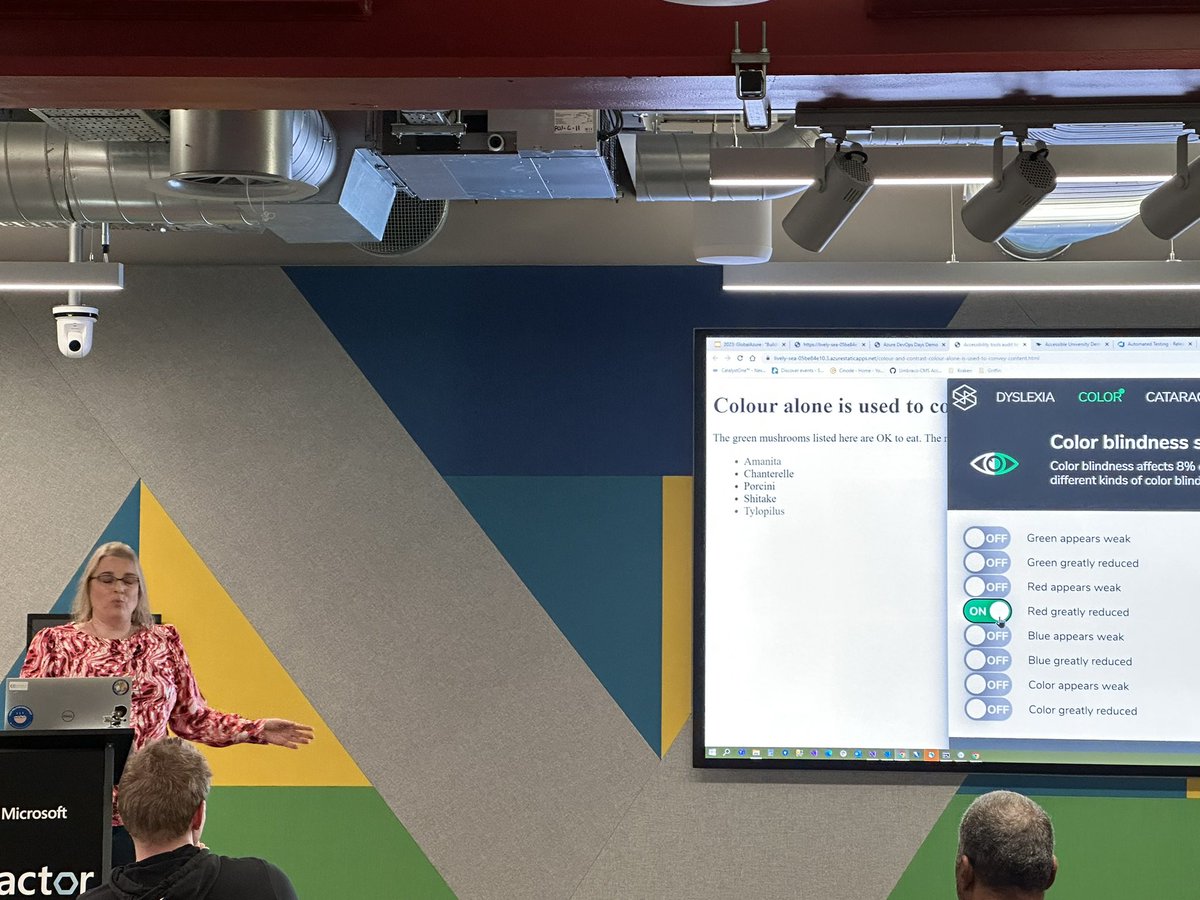 Incredibly insightful demo from @BreezeRachel about the risks of colours in #a11y testing at #GlobalAzure London!
