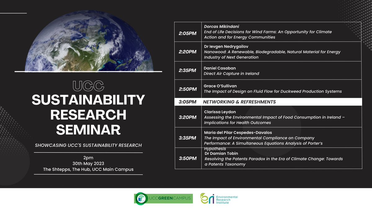 Our research series continues! 

We’ve teamed up with <a href="/eriucc/">Sustainability Institute</a> to bring you the <a href="/UCC/">UCC Ireland</a> Sustainability Research Seminar 📢

Taking place at 2pm in <a href="/UCC_Hub/">theHub | anMol</a> on May 30th, we have a rich selection of UCC speakers who will share insights into their cutting-edge environmental research🔬