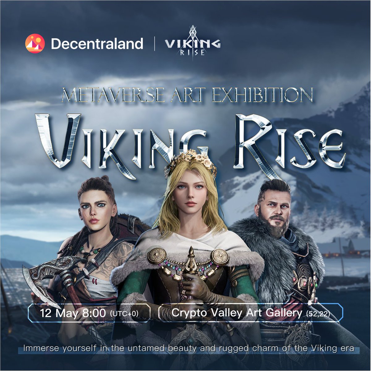 🔥⚔️🛡️ Step into the Viking realm like never before on @decentraland Crypto  Valley Art Gallery(52,22)! Unleash your inner warrior with 20+ epic images  & an immersive video that will transport you to