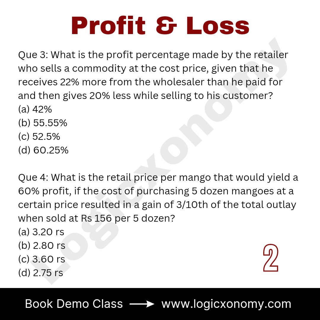 logicxonomy's tweet image. Profit and Loss Assignment:1
logicxonomy.com
Book demo class now
#logicxonomy #mathtricks #CAT2023