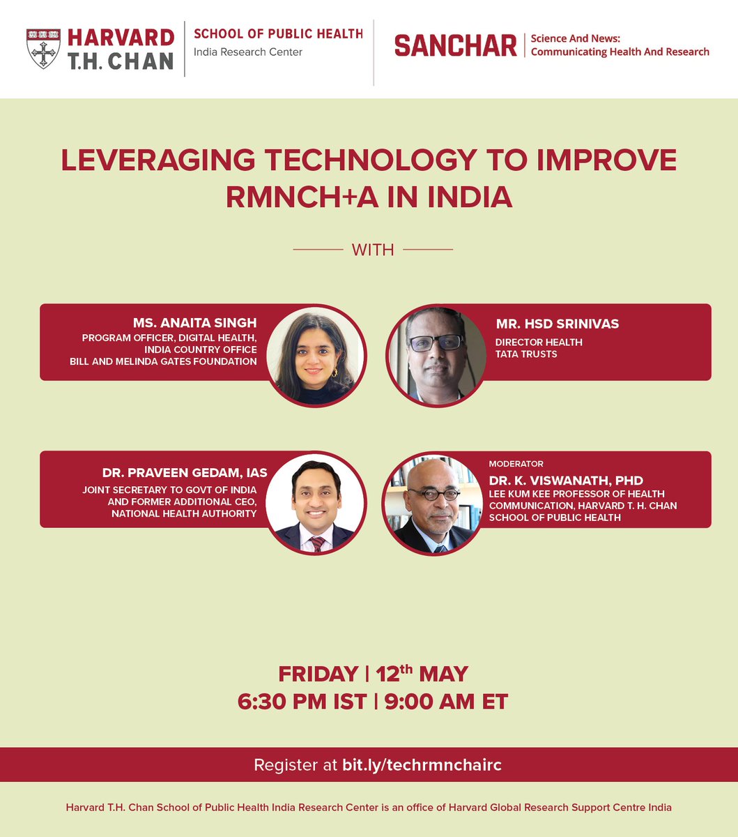 Harvard Chan - India Research Center (@harvardchanirc) on Twitter photo Join us today!
Webinar on 'Leveraging Technology to Improve RMNCH+A in India' <a href="/Project_SANCHAR/">Project_SANCHAR</a>
🕘6:30PM IST / 9AM ET
🔗 bit.ly/techrmnchairc
With
Anaita Singh, Digital Health <a href="/BMGFIndia/">Gates Foundation India</a>
HSD Srinivas, Health <a href="/tatatrusts/">Tata Trusts</a>
<a href="/PraveenGedam/">Praveen Gedam</a> <a href="/AyushmanNHA/">National Health Authority (NHA)</a>
<a href="/vishplus/">Vish Viswanath</a> <a href="/HarvardChanSPH/">Harvard T.H. Chan School of Public Health</a> Join us today!
Webinar on 'Leveraging Technology to Improve RMNCH+A in India' <a href="/Project_SANCHAR/">Project_SANCHAR</a>
🕘6:30PM IST / 9AM ET
🔗 bit.ly/techrmnchairc
With
Anaita Singh, Digital Health <a href="/BMGFIndia/">Gates Foundation India</a>
HSD Srinivas, Health <a href="/tatatrusts/">Tata Trusts</a>
<a href="/PraveenGedam/">Praveen Gedam</a> <a href="/AyushmanNHA/">National Health Authority (NHA)</a>
<a href="/vishplus/">Vish Viswanath</a> <a href="/HarvardChanSPH/">Harvard T.H. Chan School of Public Health</a>