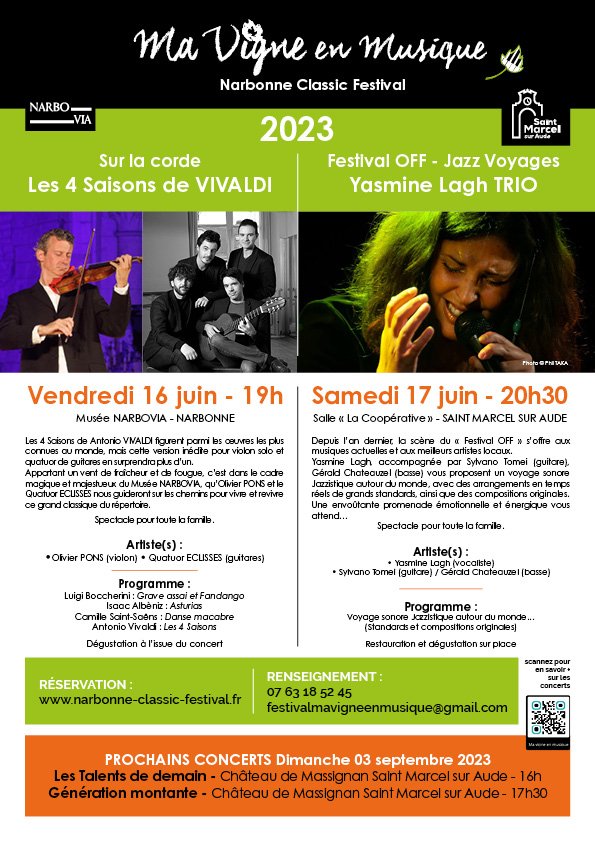 GuillotinCyril's tweet photo. Les 2 premiers concerts du 7ème Festival Ma Vigne en Musique:
. Vendredi 16/06 19h, Musée Narbovia : 4 saisons de Vivaldi, Olivier Pons + Quatuor Eclisses 🎻
(25€ à 5€, gratuit - 12)
. Samedi 17/06 20h30, St-Marcel-Sur-Aude : jazz avec Yasmine Lagh Trio 📀🎤🎸
(10€ et 5€) https://t.co/StyFksBbJI