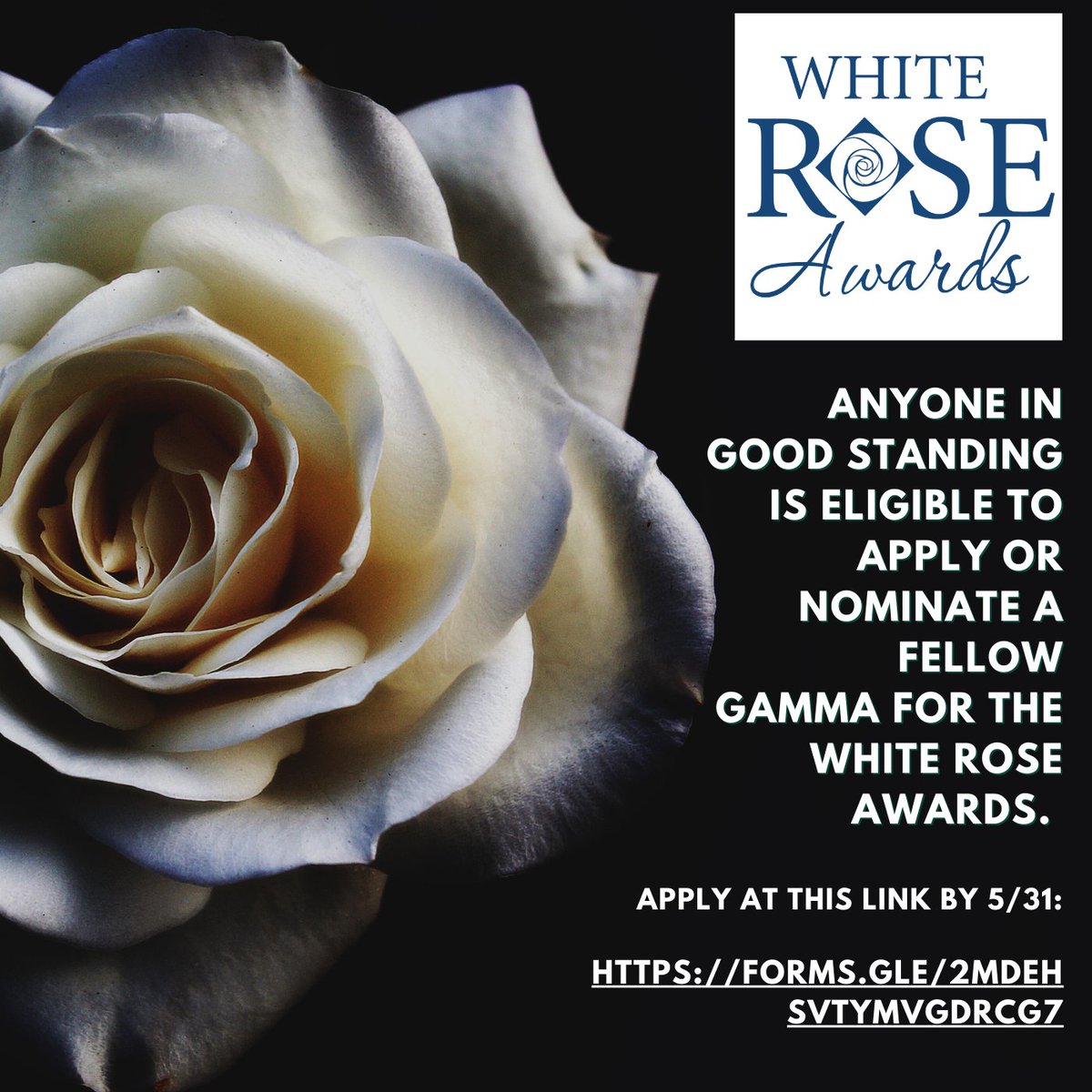 GammaAlphaOmega's tweet photo. The White Rose Award application is open until May 31st. Make sure you nominate your chapter, a chapter sister, or an alumnae working hard in her community. 

Apply at this link by 5/31:
https://t.co/uAp0P0q6NW https://t.co/yF5JEsr4vF