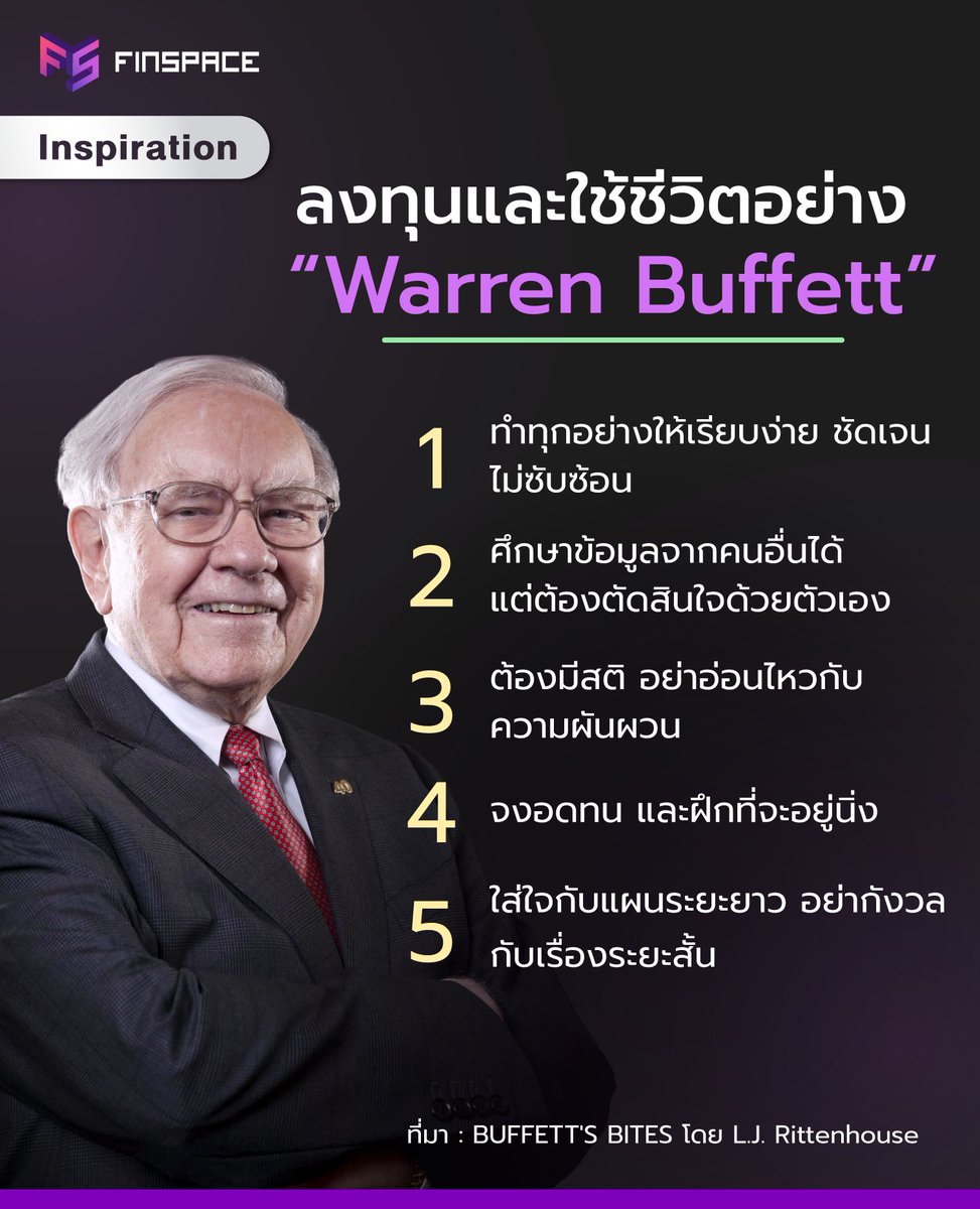finspace_th's tweet photo. #FSGrowthMindset | ต่อให้คุณไม่ได้อยู่แวดวงการลงทุนหรือตลาดหุ้น ก็น่าจะคุ้นเคยกับชื่อของ 'Warren Buffett'
วันนี้เราจึงได้นำ 5 ข้อคิดในการใช้ชีวิตของ Warren Buffett จากหนังสือ Buffett’s Bites ที่สรุปมาจากจดหมายถึงผู้ถือหุ้น Berkshire Hathaway https://t.co/LTWm18VhsN