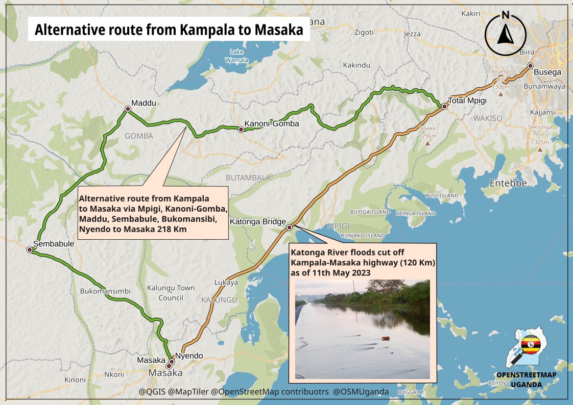 kateregga1's tweet photo. Katonga River floods cut off the Kampala - Masaka highway.

See map of alternative route through  Mpigi - Kanoni - Maddu - Ssembabule - Masaka and vice versa from Masaka - Kampala.  @osmuganda #KatongaFloods https://t.co/xod1Jp6Iqy