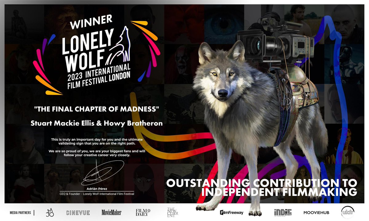 HowyBratherton's tweet photo. We have our first award win! ‘Outstanding Contribution to Independent Filmmaking’ at the wonderful @lonelywolffest
The Final Chapter of Madness is now an official award winning short. Let’s keep it going!
Thank you for the continued love and support!
#createmadness #carpediem https://t.co/ytladttC5q