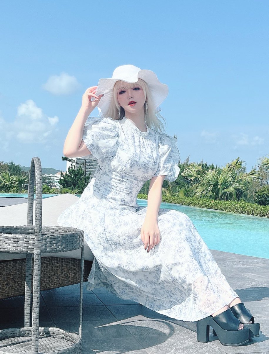1girl solo dress hat white dress outdoors sky  illustration images