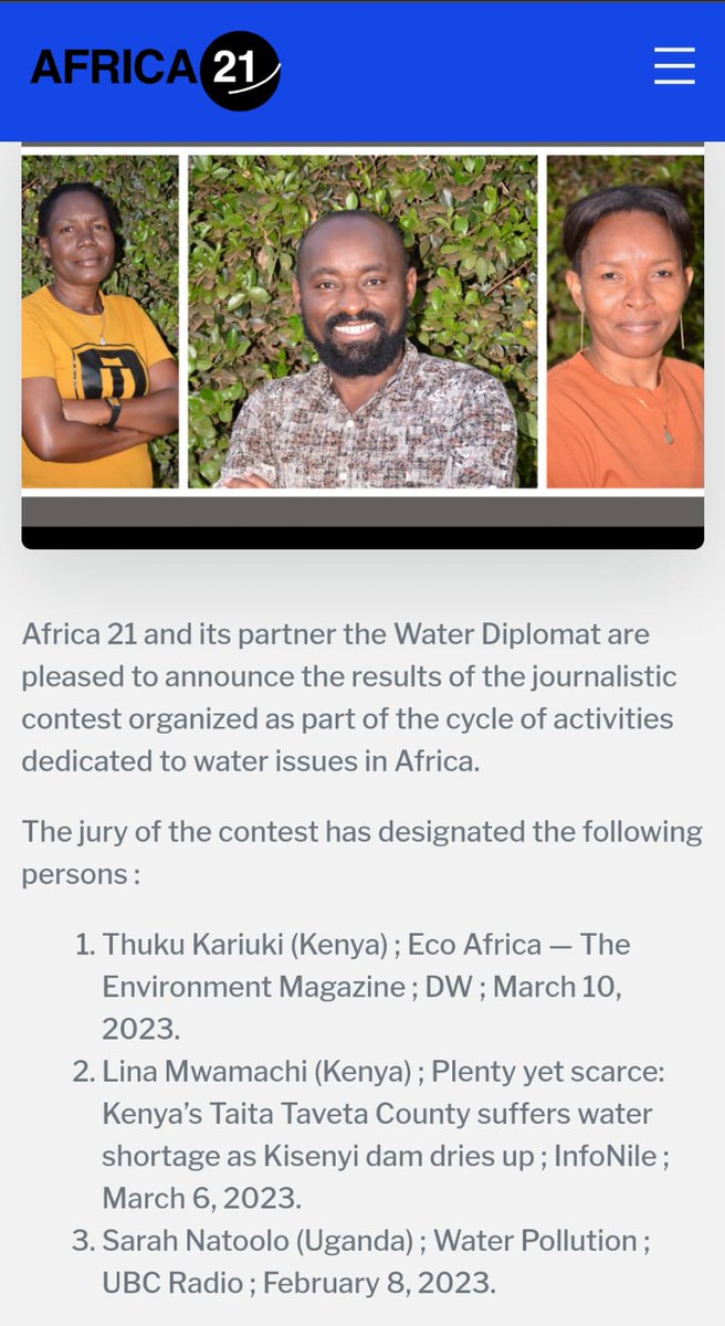 Lina_Mwamachi's tweet photo. Congratulations Lina for being number 2 in this prestigious prize on reporting for water. #Africa21 #TheWaterDiplomat
#MeshaScience #InfoNile https://t.co/5qdfbmNbO7