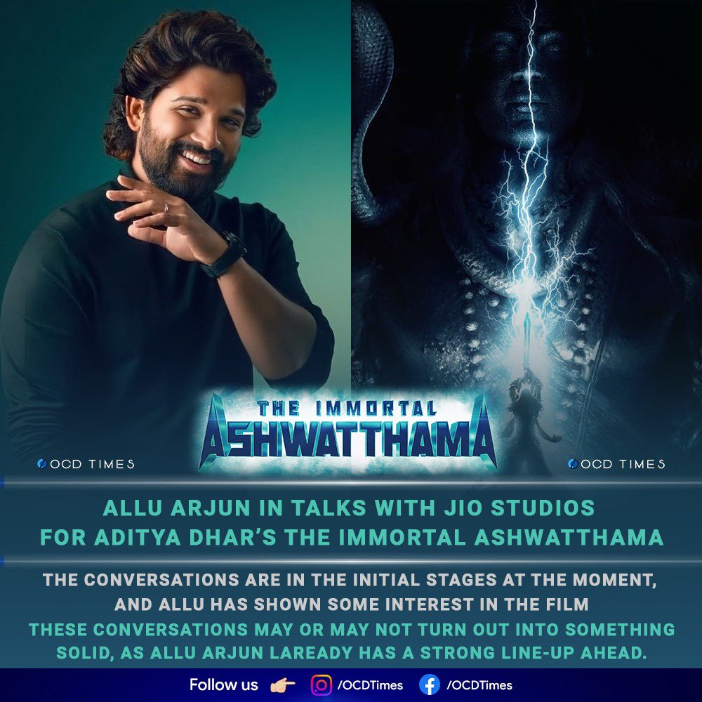 Allu Arjun is presently shooting for Pushpa: The Rule with Sukumar. He is already committed to do a film with Trivikram next and also another one with Sandeep Reddy Vanga backed by T-series
.
#ocdtimes #filmnews #AdityaDhar #TheImmortalAshwatthama #JioStudio #AlluArjun