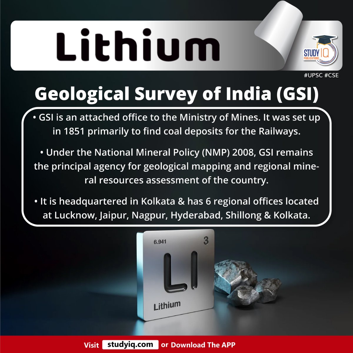 upsciq's tweet photo. Lithium
#lithium #geologicalsurveyofindia #gsi #india #rajasthan #whyinnews #chemicalelement #alkalimetal #flammable #ministryofmines #railways #nationalmineralpolicy #nmp #geologicalmapping #lucknow #jaipur #nagpur #hyderabad #shillong #Kolkata #upsc #cse #ips #Ias https://t.co/kXbukgBnTm
