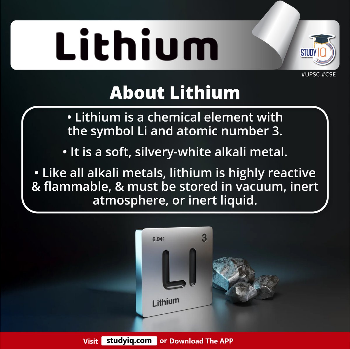 upsciq's tweet photo. Lithium
#lithium #geologicalsurveyofindia #gsi #india #rajasthan #whyinnews #chemicalelement #alkalimetal #flammable #ministryofmines #railways #nationalmineralpolicy #nmp #geologicalmapping #lucknow #jaipur #nagpur #hyderabad #shillong #Kolkata #upsc #cse #ips #Ias https://t.co/kXbukgBnTm