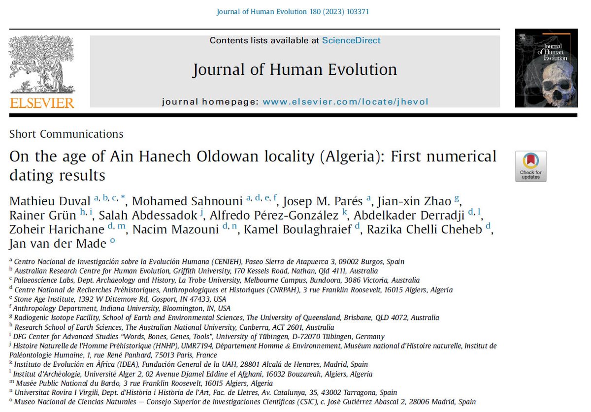 Mat_Duv64's tweet image. Our last work on the Oldowan site of Ain Hanech (Algeria) is now available online (free download): authors.elsevier.com/a/1h3fFAlZXU1cx.
@CENIEH @ARCHE_Griffith @LTUArchaeology
We provide a numerical age of 1.83 ± 0.13 Ma for this historic site, discovered by C. Arambourg in the mid 1940s.