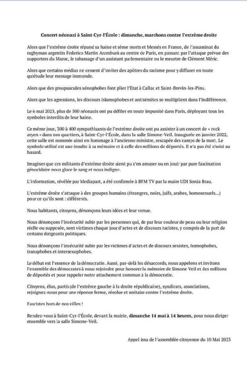 Papalimalima1's tweet photo. La CGT Cheminots de Versailles appelle à venir nombreux à la manifestation contre l'extrême droite, dimanche 14 Mai 14h Mairie de St Cyr !
Après l'ignoble concert néo-nazi dans cette commune, il est important de résister face aux forces de haines : NO PASARAN✊ https://t.co/jtlXs2XAIj